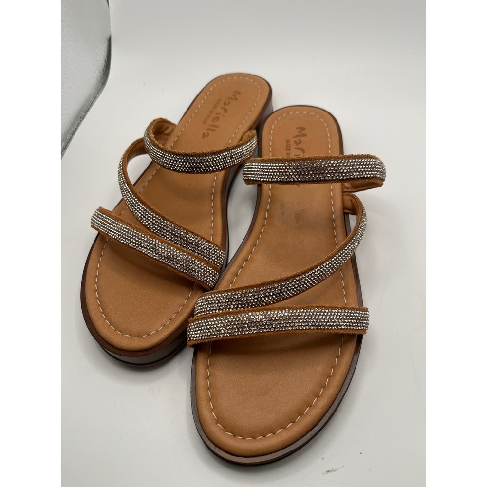 Mariella Made in Italy Rhinestone Strappy Slide Sandals Tan Brown Womens 38